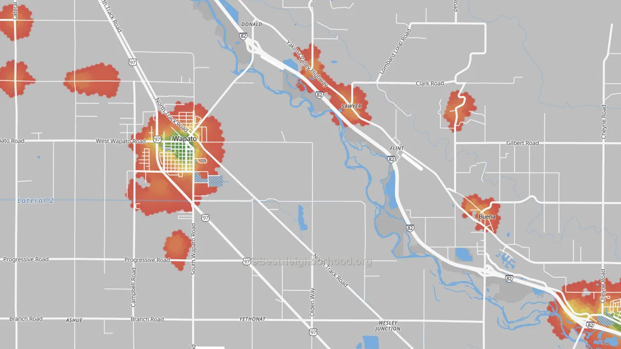 Walk Grade map of Sawyer, WA, walkable areas in green and car-dependent areas in red