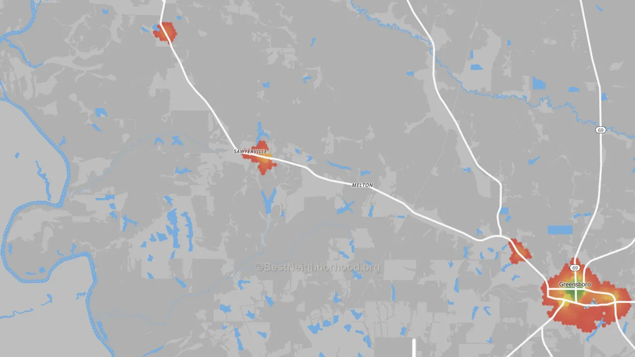 Walk Grade map of Sawyerville, AL, walkable areas in green and car-dependent areas in red