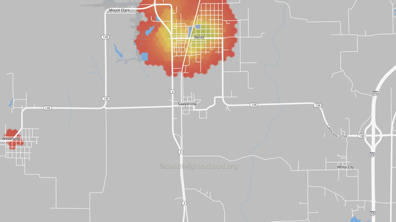 Walk Grade map of Sawyerville, IL, walkable areas in green and car-dependent areas in red
