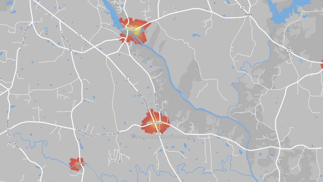 Walk Grade map of Saxapahaw, NC, walkable areas in green and car-dependent areas in red