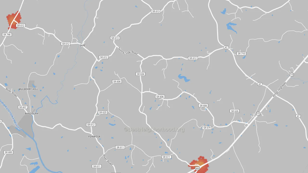 Walk Grade map of Saxe, VA, walkable areas in green and car-dependent areas in red
