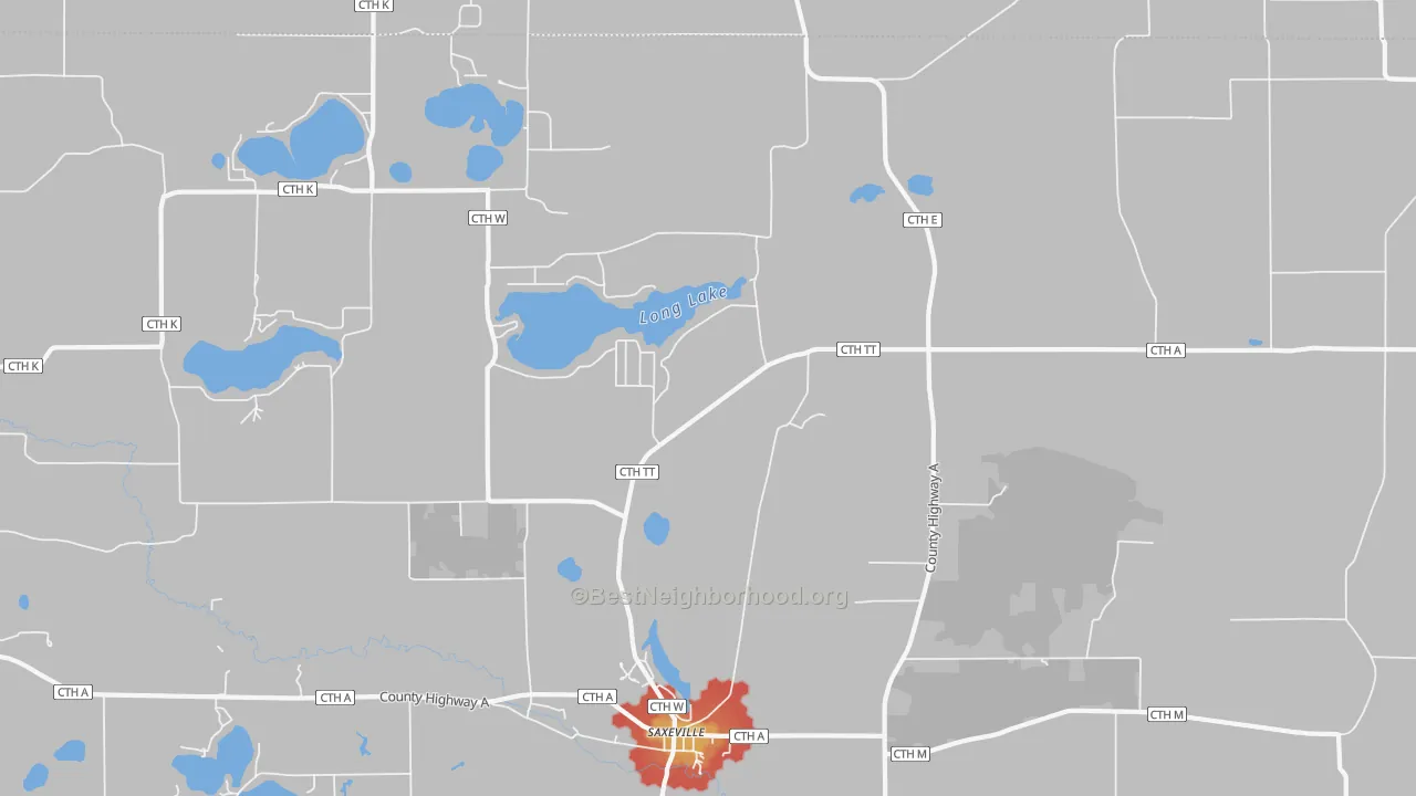 Walk Grade map of Saxeville, WI, walkable areas in green and car-dependent areas in red