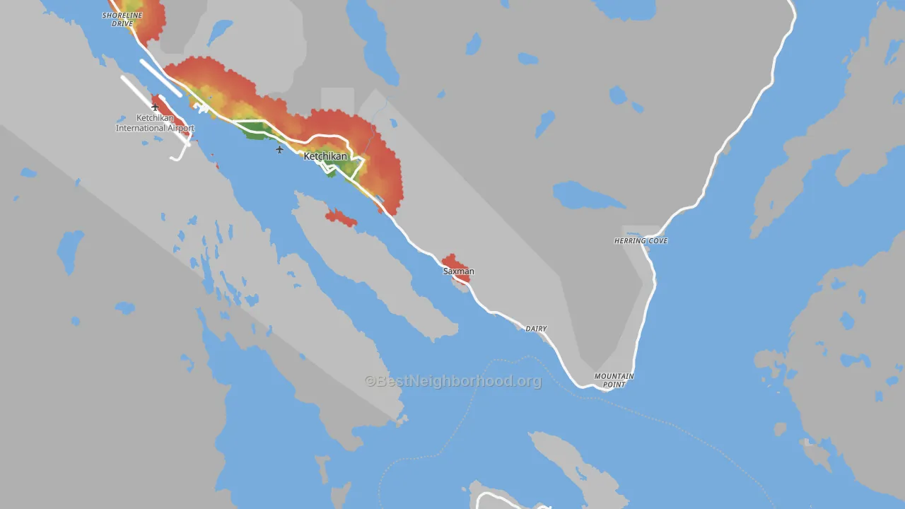 Walk Grade map of Saxman, AK, walkable areas in green and car-dependent areas in red