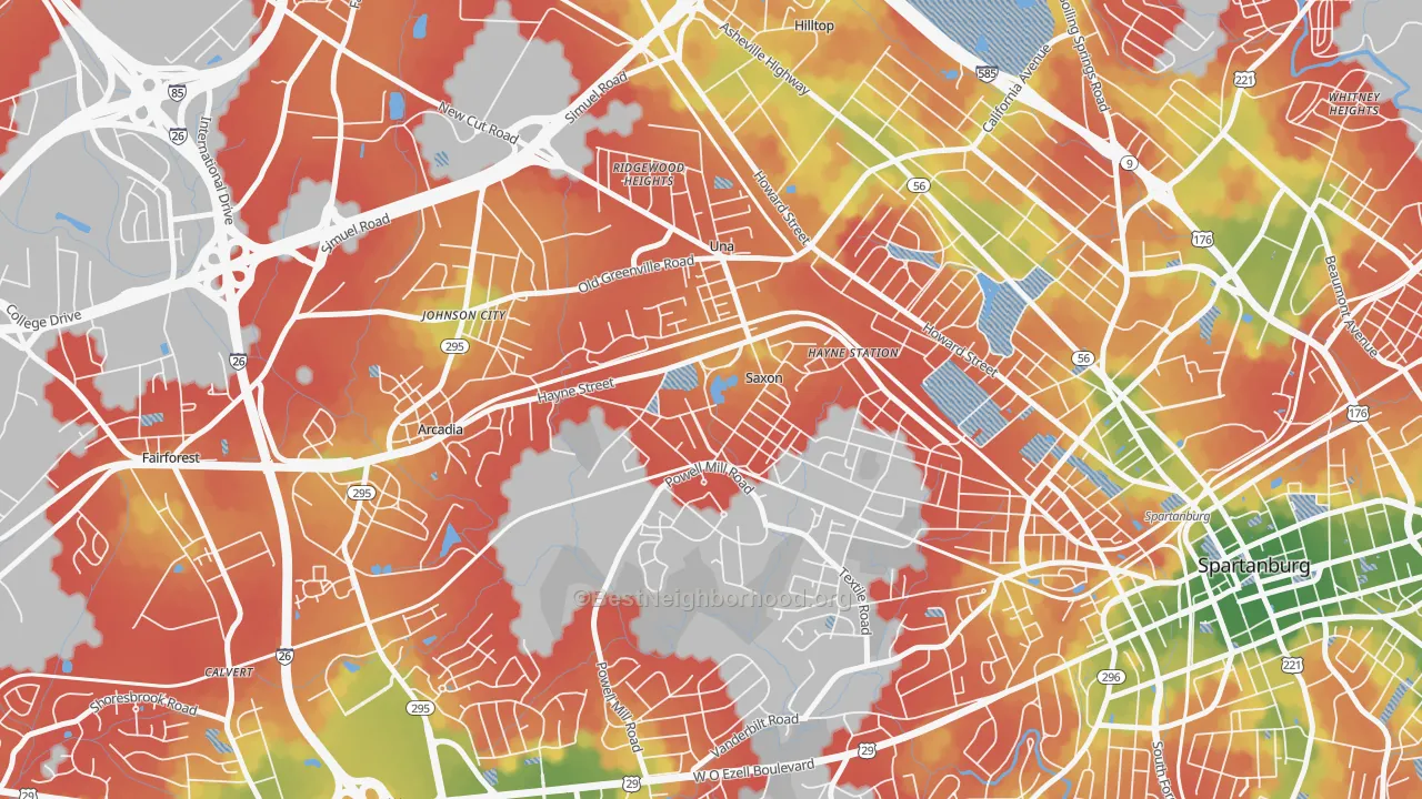 Walk Grade map of Saxon, SC, walkable areas in green and car-dependent areas in red