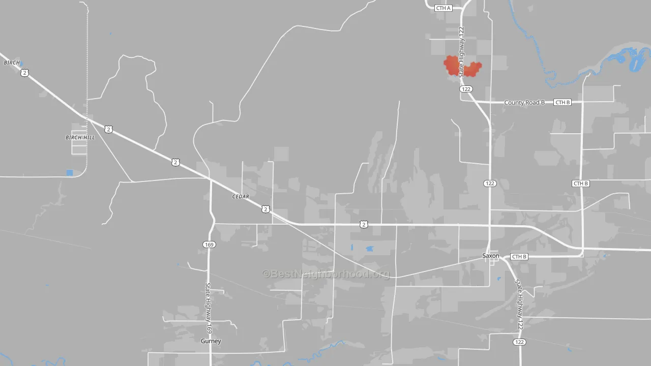 Walk Grade map of Saxon, WI, walkable areas in green and car-dependent areas in red