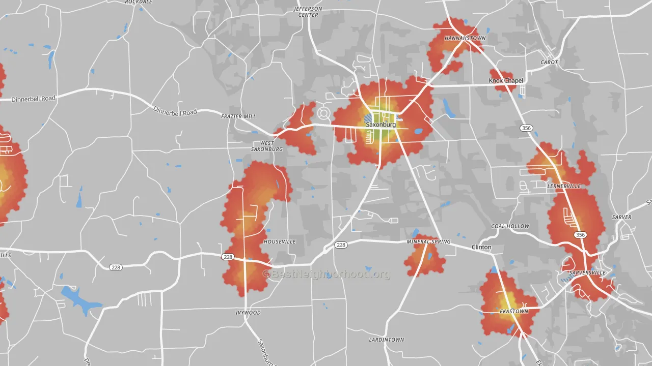 Walk Grade map of Saxonburg, PA, walkable areas in green and car-dependent areas in red