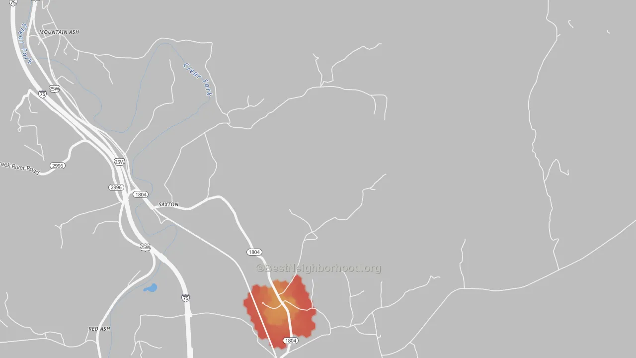 Walk Grade map of Saxton, KY, walkable areas in green and car-dependent areas in red