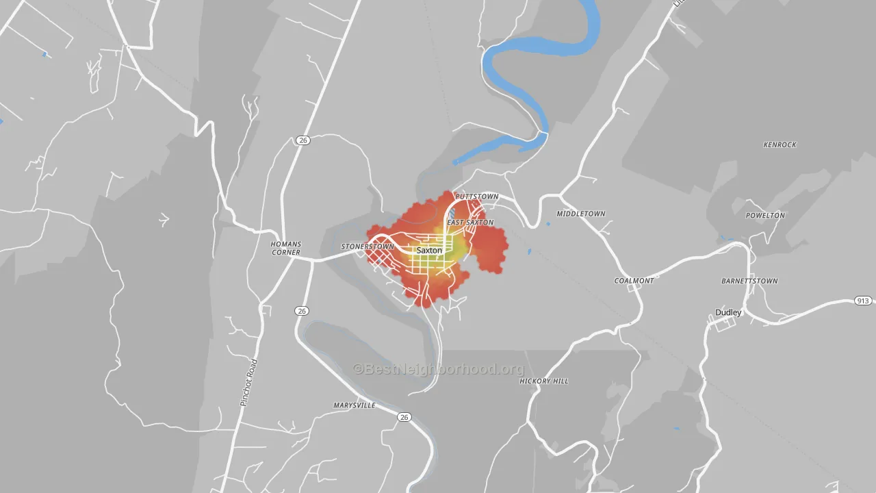 Walk Grade map of Saxton, PA, walkable areas in green and car-dependent areas in red
