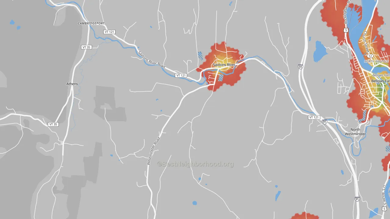 Walk Grade map of Saxtons River, VT, walkable areas in green and car-dependent areas in red
