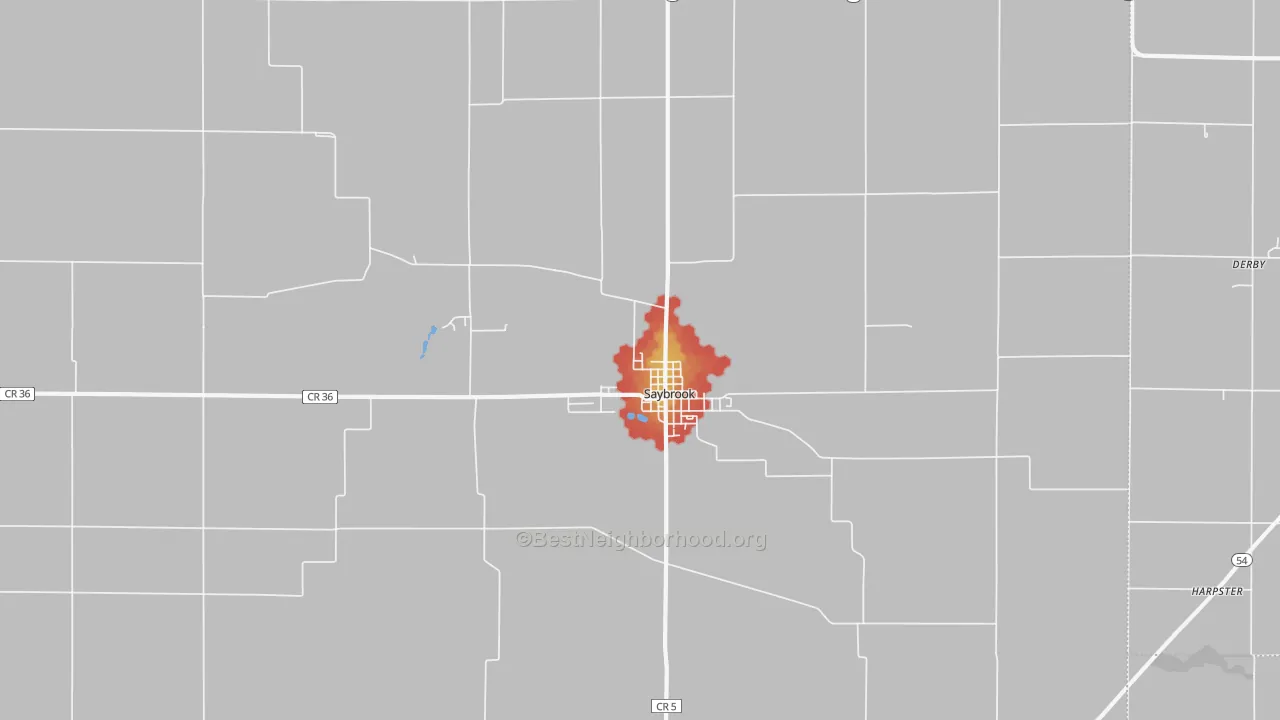 Walk Grade map of Saybrook, IL, walkable areas in green and car-dependent areas in red