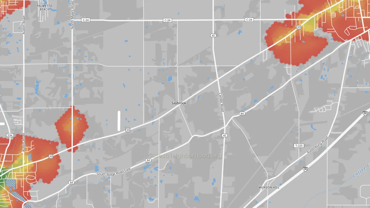 Walk Grade map of Saybrook, OH, walkable areas in green and car-dependent areas in red
