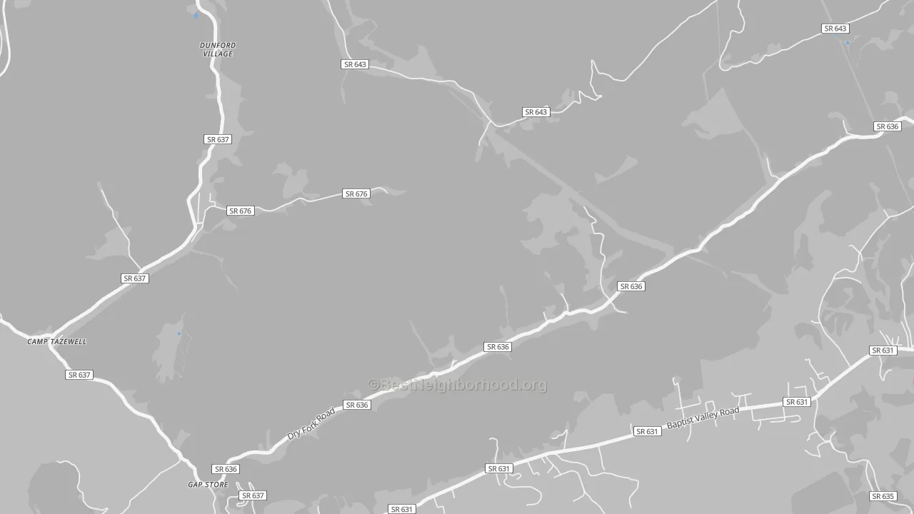Walk Grade map of Sayersville, VA, walkable areas in green and car-dependent areas in red