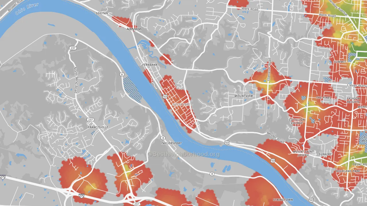Walk Grade map of Sayler Park, Cincinnati, OH, walkable areas in green and car-dependent areas in red