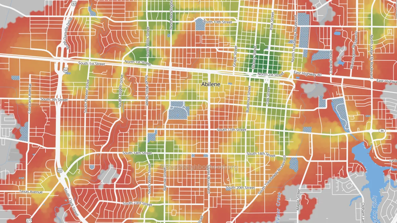 Walk Grade map of Sayles Boulevard Area, Abilene, TX, walkable areas in green and car-dependent areas in red