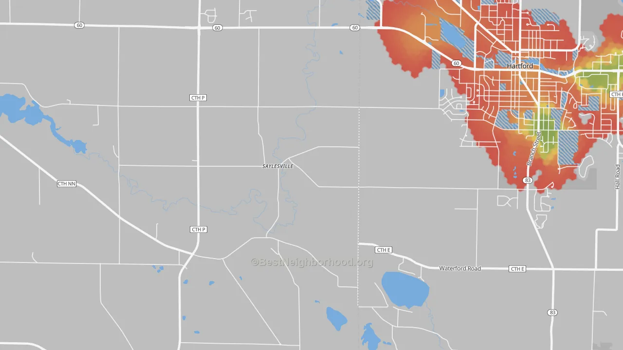 Walk Grade map of Saylesville, WI, walkable areas in green and car-dependent areas in red