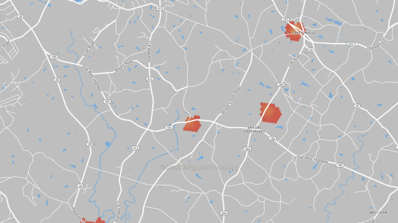 Walk Grade map of Saylors Crossroads, SC, walkable areas in green and car-dependent areas in red