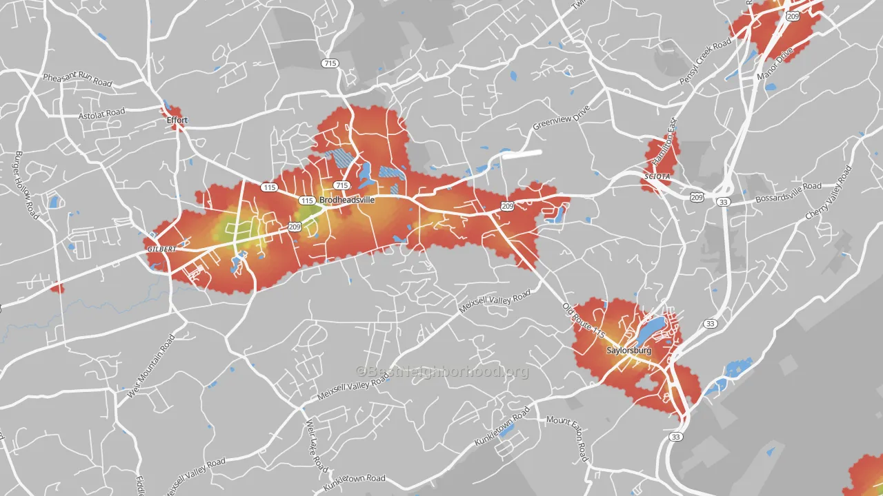 Walk Grade map of Saylorsburg, PA, walkable areas in green and car-dependent areas in red