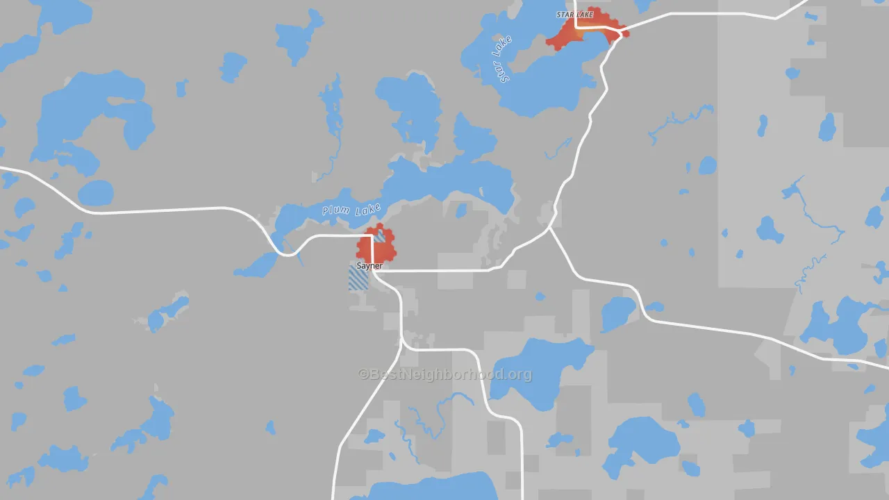 Walk Grade map of Sayner, WI, walkable areas in green and car-dependent areas in red
