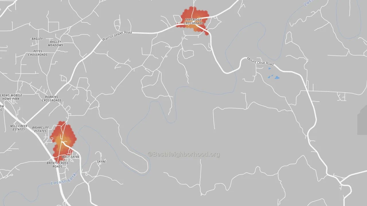 Walk Grade map of Sayre, AL, walkable areas in green and car-dependent areas in red