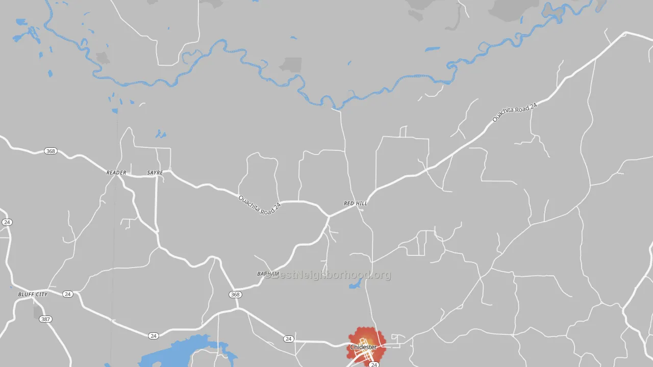 Walk Grade map of Sayre, AR, walkable areas in green and car-dependent areas in red