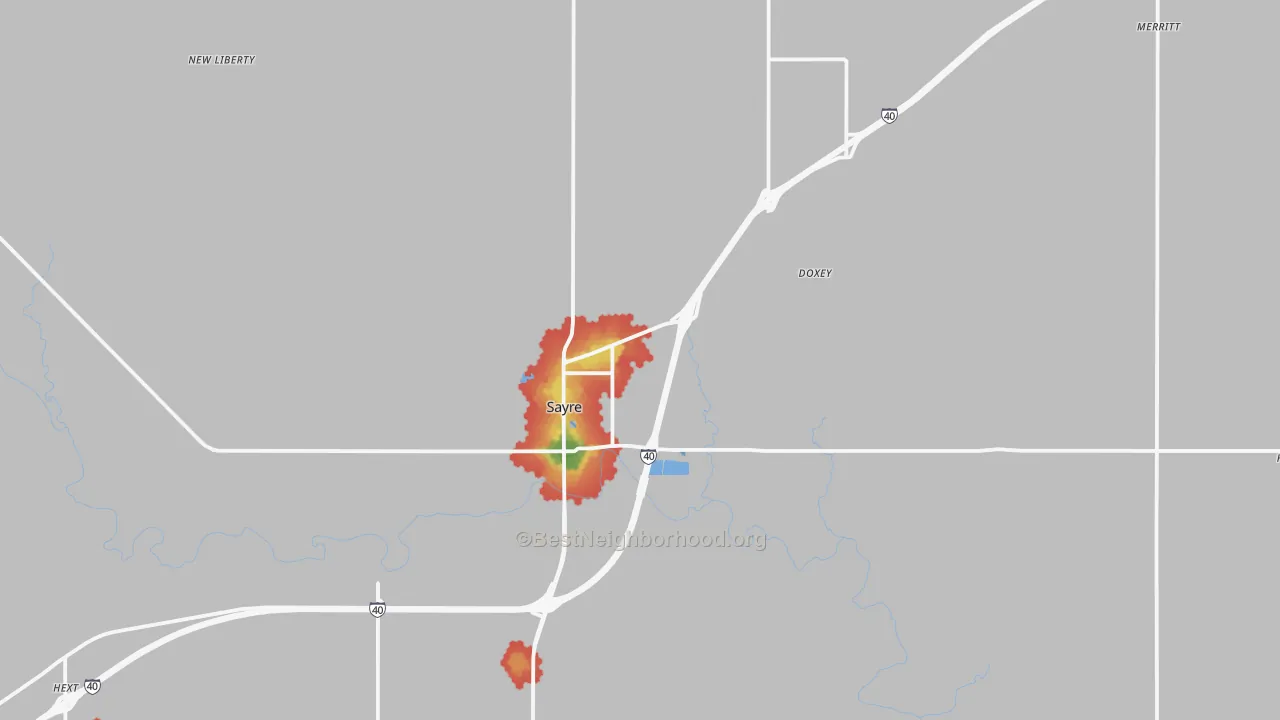 Walk Grade map of Sayre, OK, walkable areas in green and car-dependent areas in red
