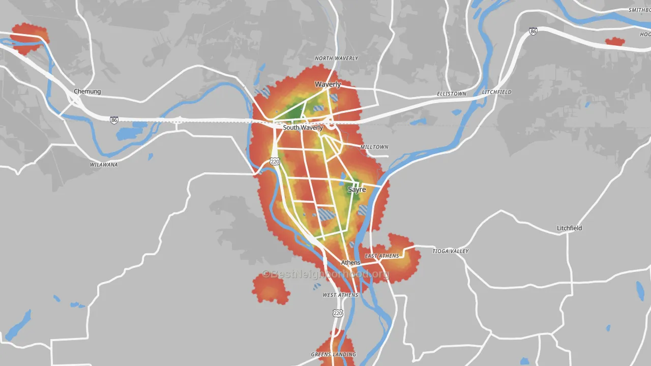 Walk Grade map of Sayre, PA, walkable areas in green and car-dependent areas in red