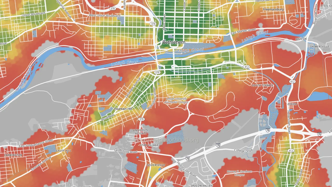 Walk Grade map of Sayre Park, Bethlehem, PA, walkable areas in green and car-dependent areas in red