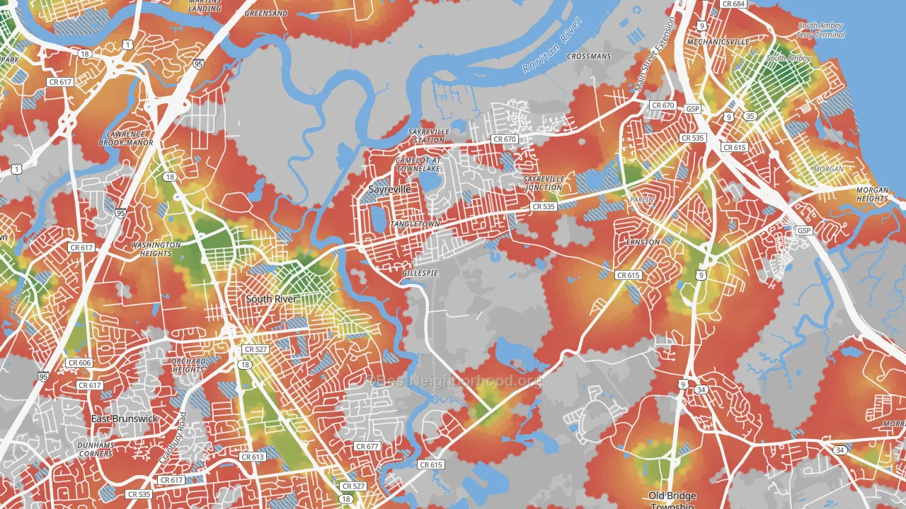 Walk Grade map of Sayreville, NJ, walkable areas in green and car-dependent areas in red