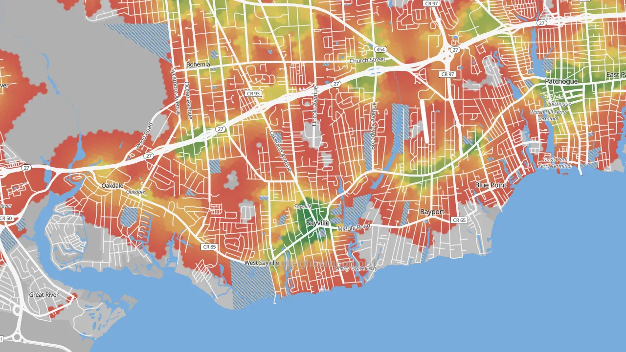 Walk Grade map of Sayville, NY, walkable areas in green and car-dependent areas in red