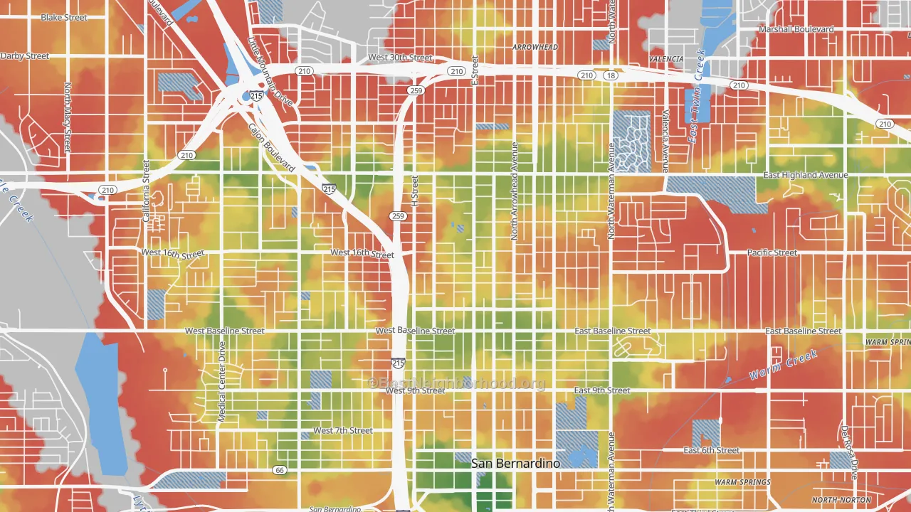 Walk Grade map of SBHS, San Bernardino, CA, walkable areas in green and car-dependent areas in red