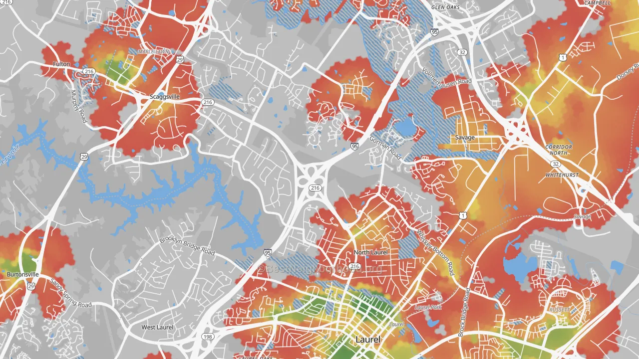 Walk Grade map of Scaggsville, MD, walkable areas in green and car-dependent areas in red