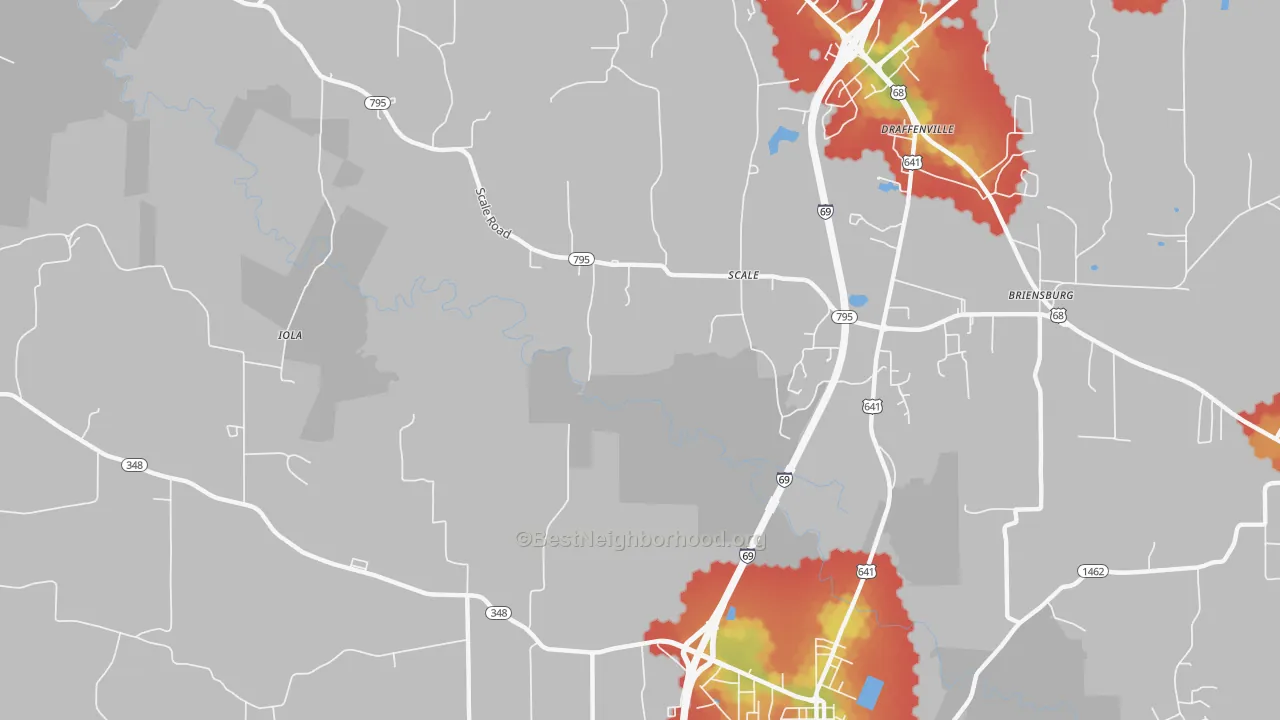 Walk Grade map of Scale, KY, walkable areas in green and car-dependent areas in red
