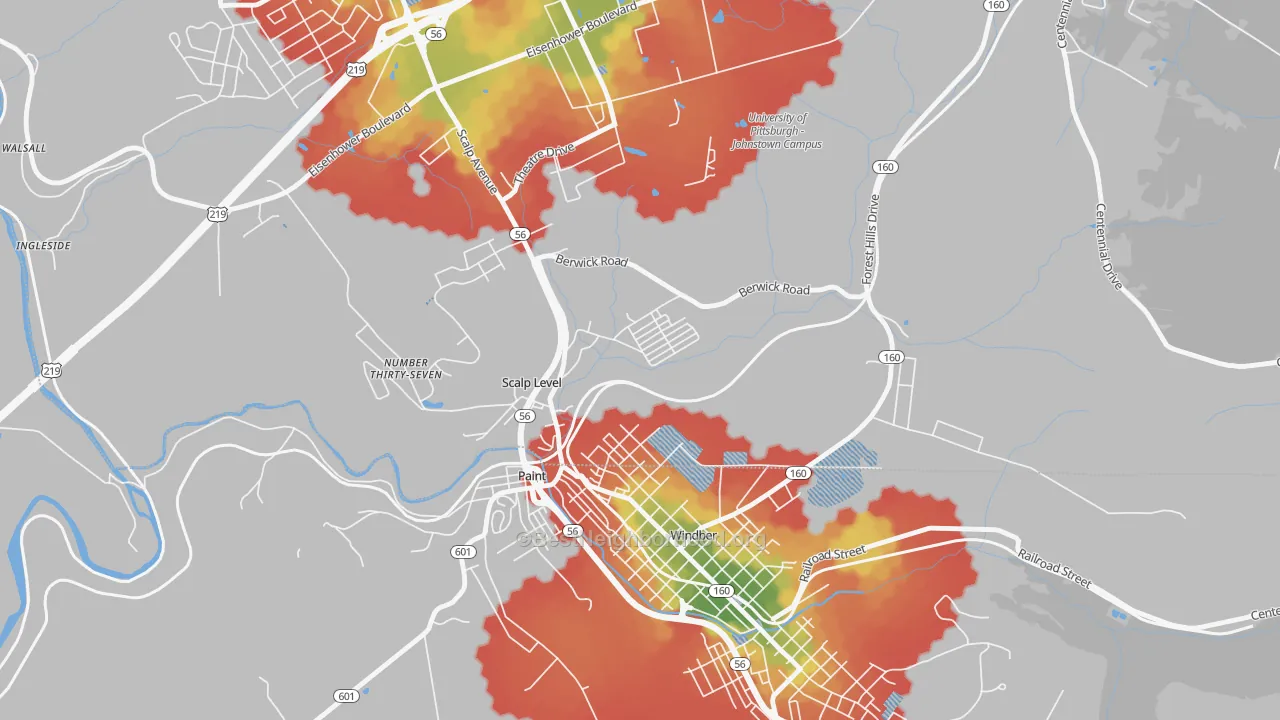 Walk Grade map of Scalp Level, PA, walkable areas in green and car-dependent areas in red