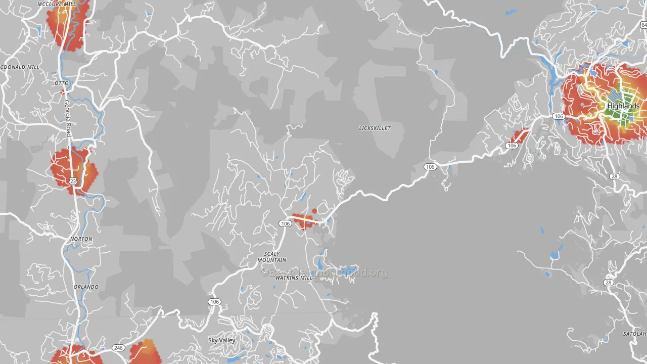 Walk Grade map of Scaly Mountain, NC, walkable areas in green and car-dependent areas in red