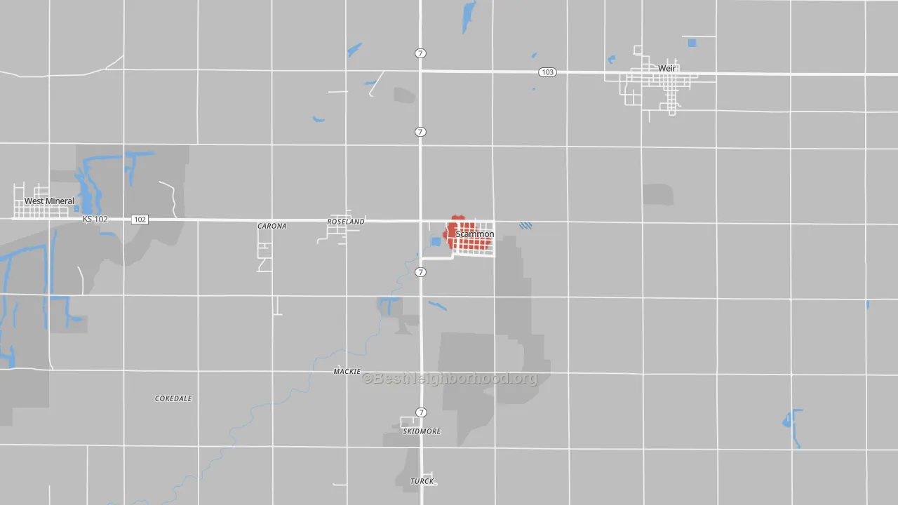 Walk Grade map of Scammon, KS, walkable areas in green and car-dependent areas in red