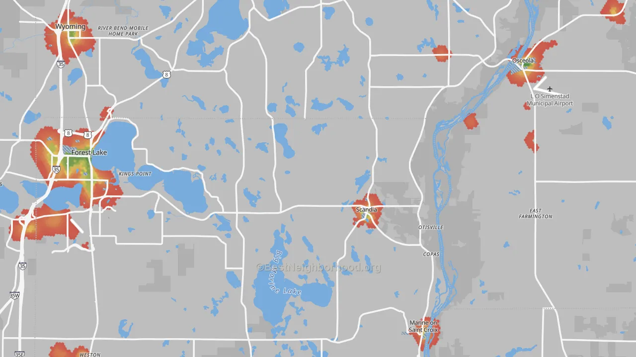 Walk Grade map of Scandia, MN, walkable areas in green and car-dependent areas in red