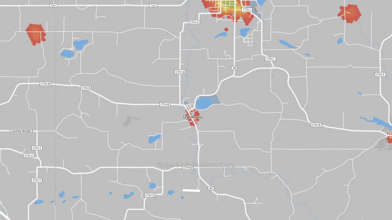 Walk Grade map of Scandinavia, WI, walkable areas in green and car-dependent areas in red