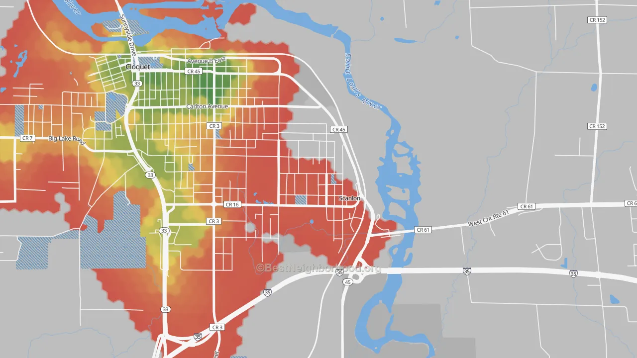 Walk Grade map of Scanlon, MN, walkable areas in green and car-dependent areas in red