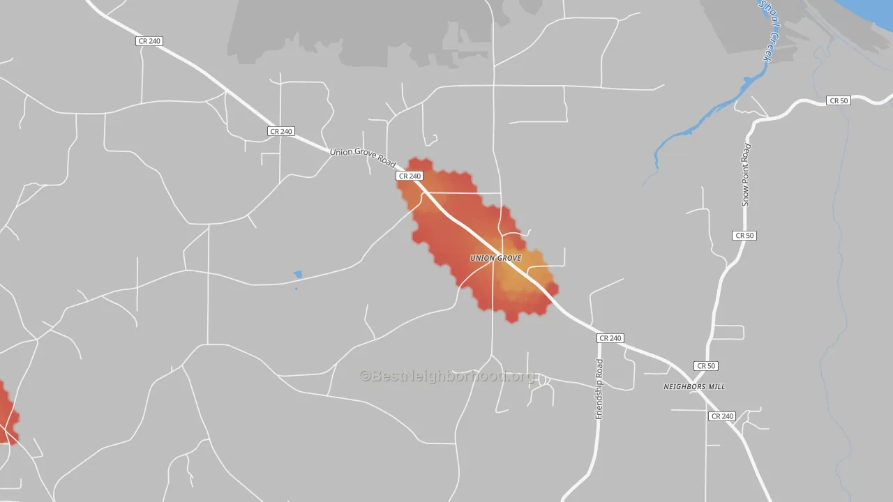 Walk Grade map of Scant City, AL, walkable areas in green and car-dependent areas in red
