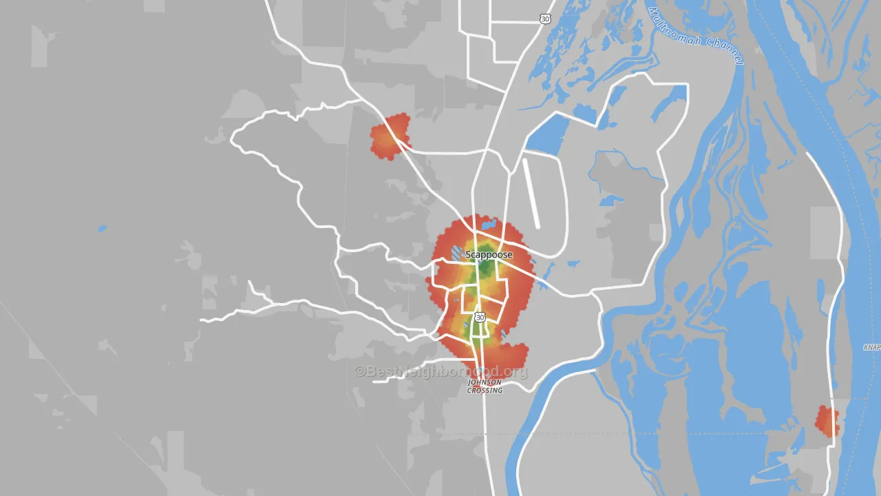 Walk Grade map of Scappoose, OR, walkable areas in green and car-dependent areas in red