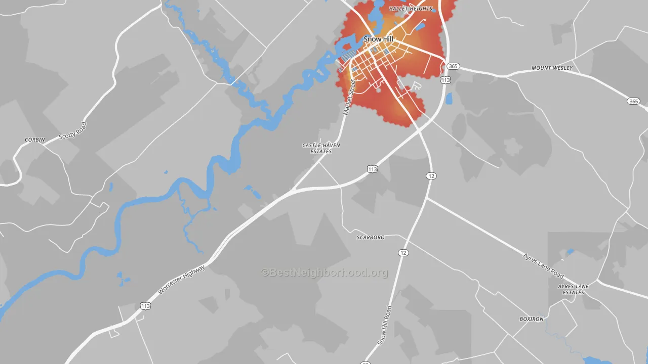 Walk Grade map of Scarboro, MD, walkable areas in green and car-dependent areas in red