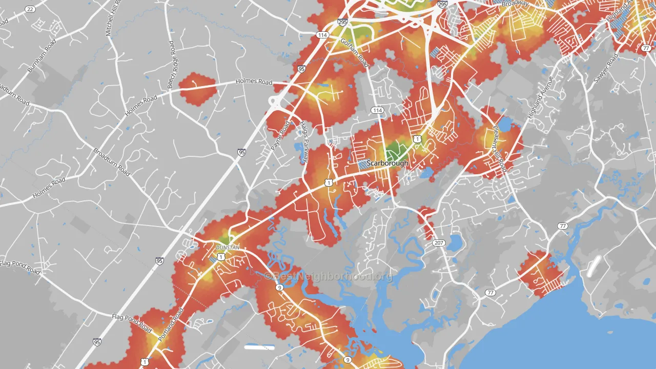 Walk Grade map of Scarborough, ME, walkable areas in green and car-dependent areas in red