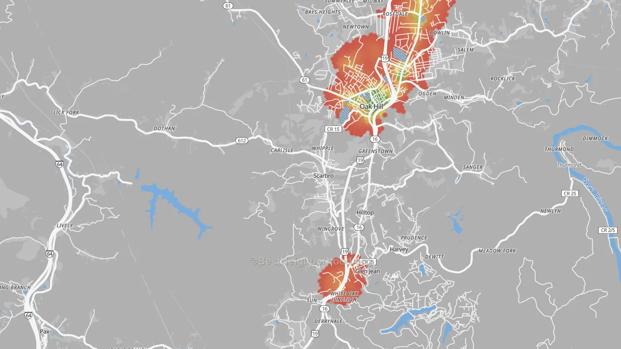 Walk Grade map of Scarbro, WV, walkable areas in green and car-dependent areas in red