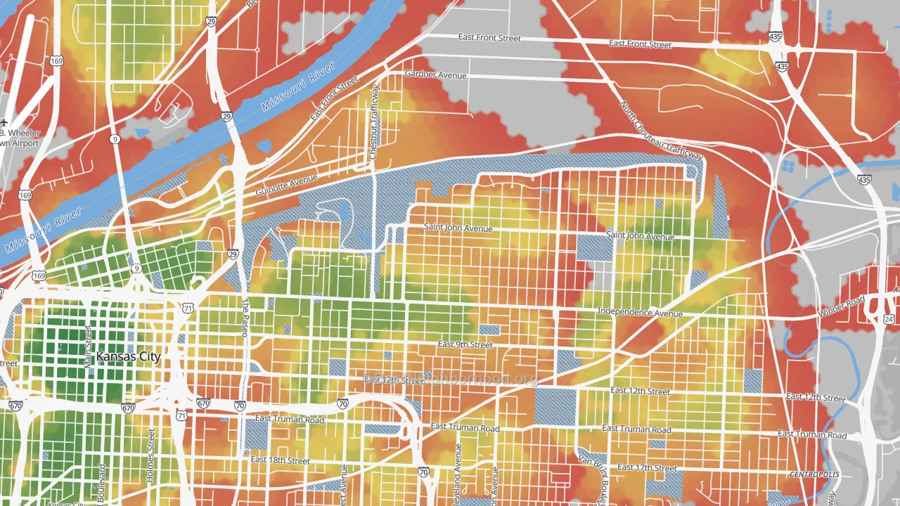 Walk Grade map of Scarritt Renaissance, Kansas City, MO, walkable areas in green and car-dependent areas in red