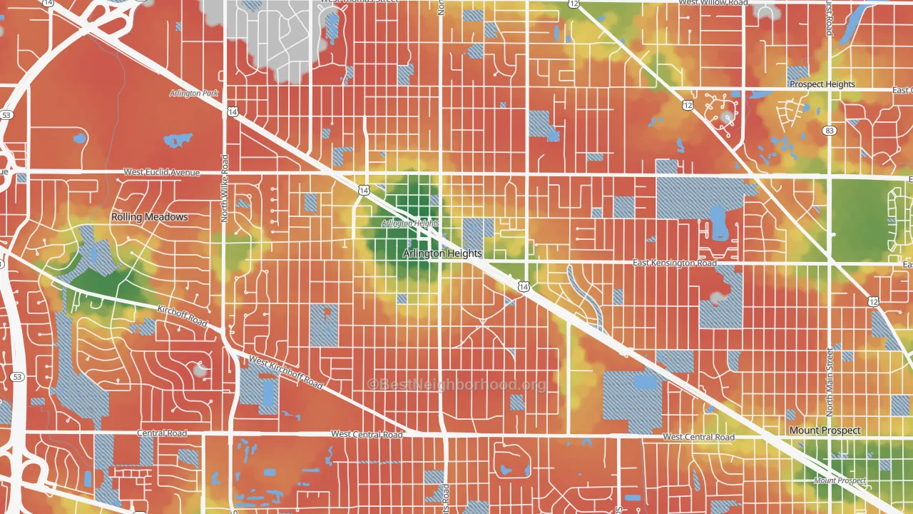 Walk Grade map of Scarsdale, Arlington Heights, IL, walkable areas in green and car-dependent areas in red
