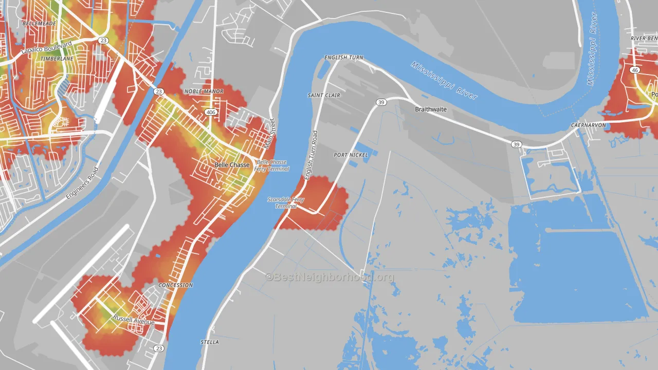 Walk Grade map of Scarsdale, LA, walkable areas in green and car-dependent areas in red