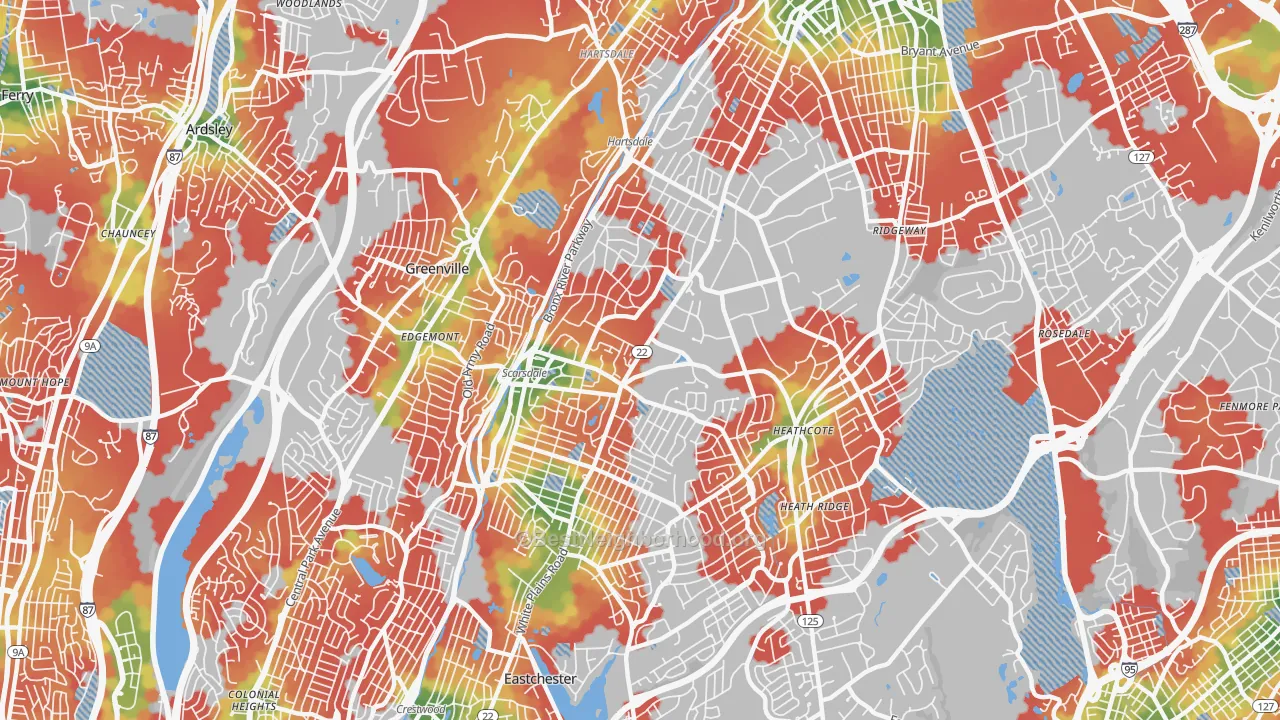 Walk Grade map of Scarsdale, NY, walkable areas in green and car-dependent areas in red