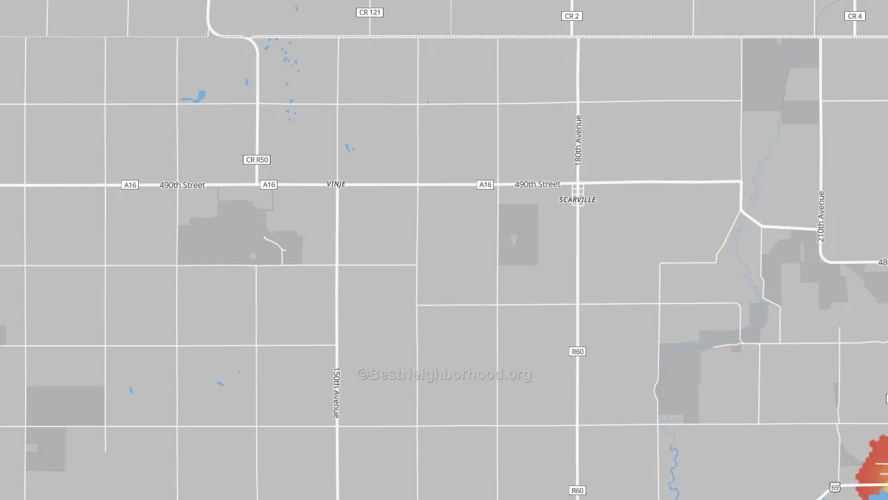 Walk Grade map of Scarville, IA, walkable areas in green and car-dependent areas in red