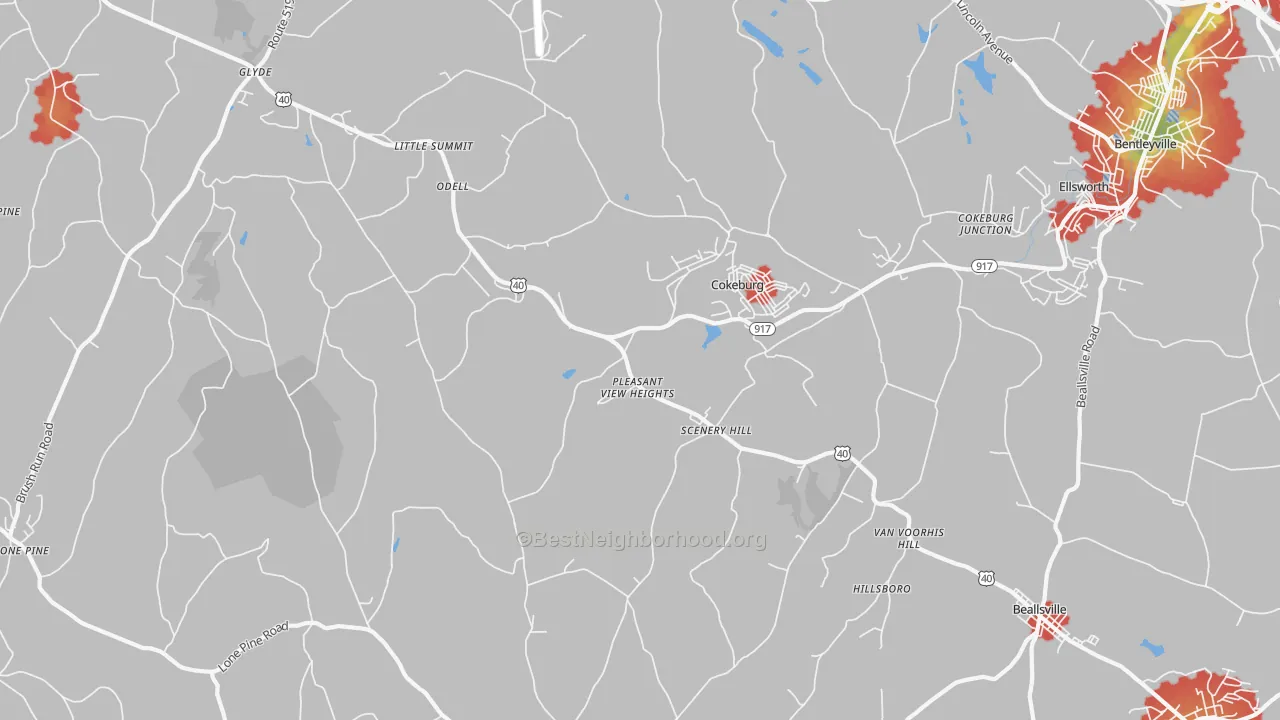 Walk Grade map of Scenery Hill, PA, walkable areas in green and car-dependent areas in red