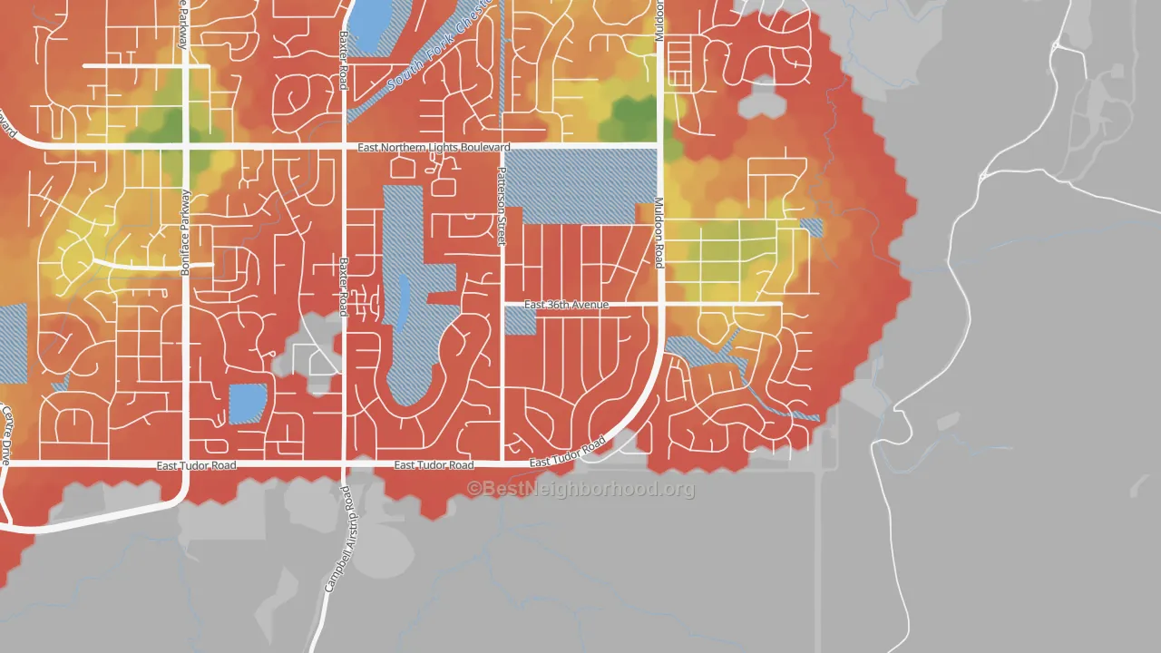 Walk Grade map of Scenic Foothills, Anchorage, AK, walkable areas in green and car-dependent areas in red